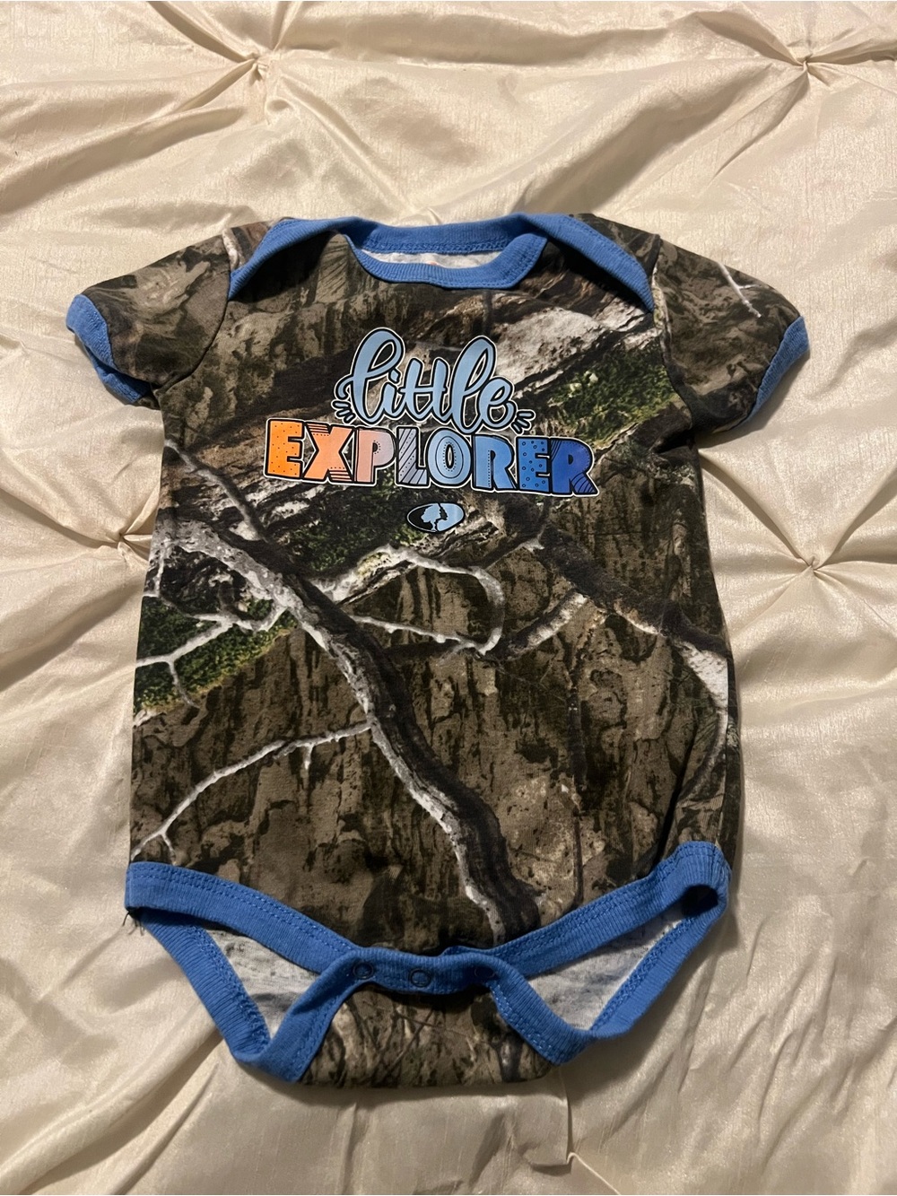 Little Explorer Camo Baby Onesie with Blue Trim Mossy Oak 6-9month